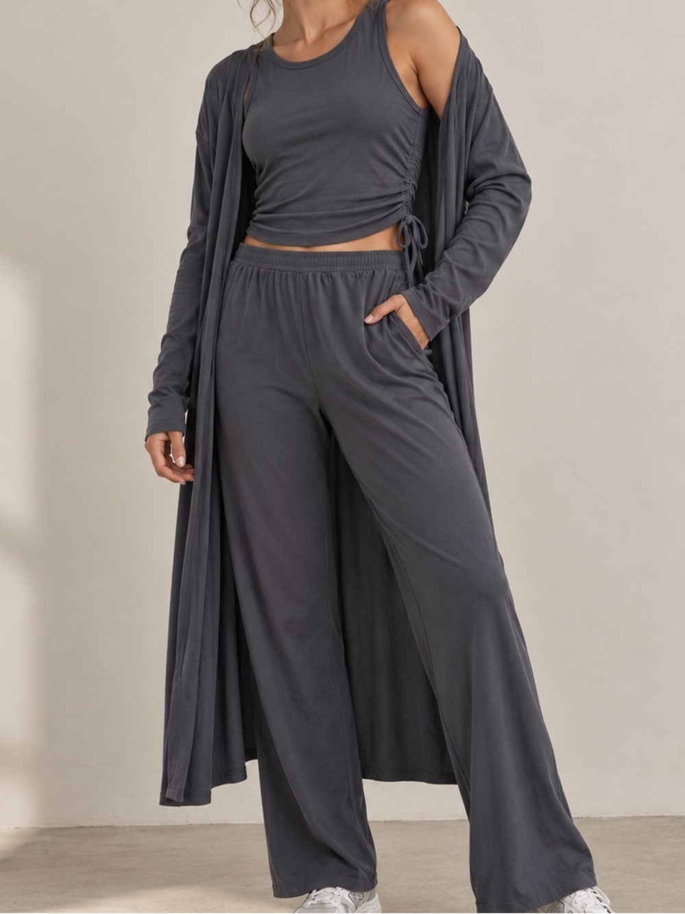 Halara 3 Piece Ribbed Lounge Set Tank Pants Long Cardigan Grey S